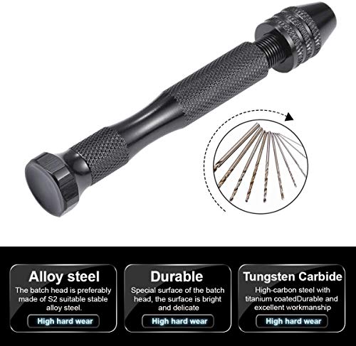 Fuerte resistencia al desgaste y la velocidad de p Micro Twist Drill Bits Herramientas rotativas de precisión Pin Vise mano Taladro con brocas helicoidales Set de 10 piezas.Grande for Hobby y Modelos