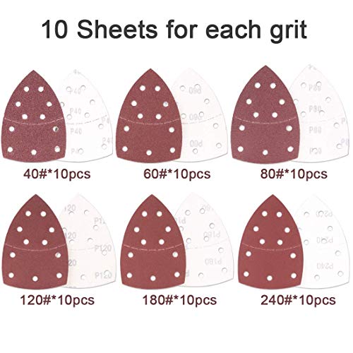 LATERN 60Pcs Hojas de Lijado, 40/60/80/120/180/240 Almohadillas de Lijado de Mouse de Gancho Y Lazo de Papel de Lija Para Lijadora Multiuso Y Herramienta Multiuso Oscilante de Bosch (15 X 10 Cm)