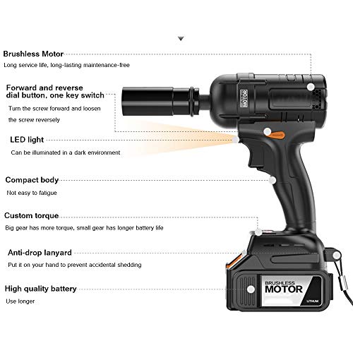 LLGHT Llave de Impacto, Destornillador con 1 Batería de Litio, 4500 RPM, Alto Torque 400N.M, Agarre Suave, Traje Sin Escobillas, Taladro Inalámbrico, Incluyendo Batería, Cargador