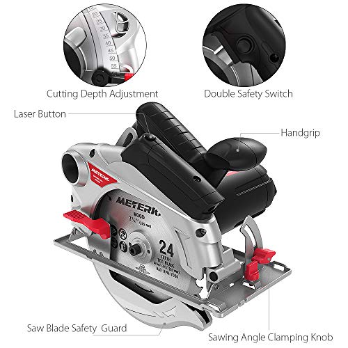 Meterk Sierra circular (1500W 4700RPM), corte 65 mm (90o), 45 mm (45o), 2 hojas de sierra 24T + 40T: 185 x 20 x 2 mm, interruptor de seguridad doble, ideal para madera, plástico, metal suave