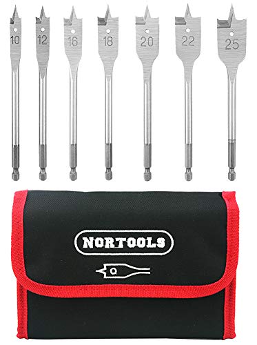 NORTOOLS HCS Brocas planas de madera Brocas de taladro de pala con 1/4 vástago de cambio rápido 7 piezas 10-25 mm