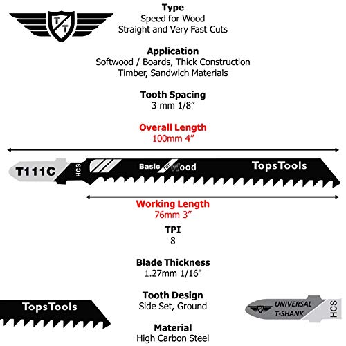 TopsTools T111C – Hojas de sierra de calar para Bosch, DeWalt, Makita, Milwaukee y muchos más (25 piezas).