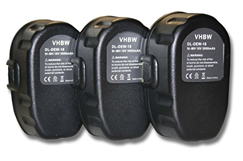 vhbw 3x Ni-MH batería 3000mAh (18V) para herramientas Dewalt DW988KQ, DW989, DW995, DW997, DW997K-2, DW999 por Dewalt DC9096, DE9039, DE9095, DE9096.